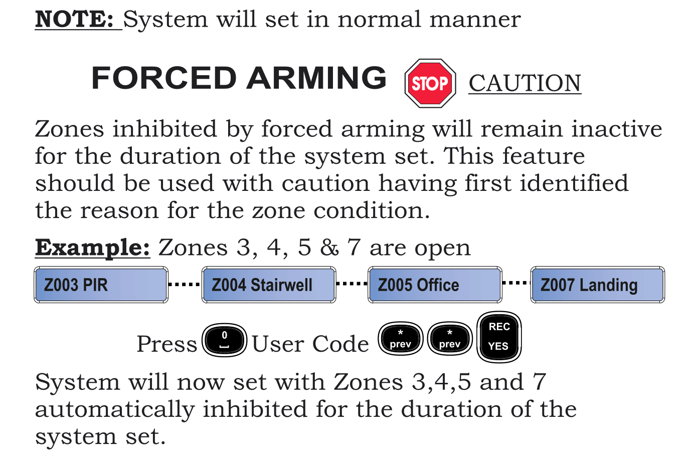 Forced Arming — automatically inhibits all open zones