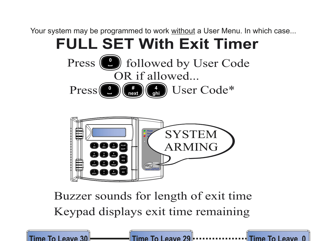 Full Set with exit timer — keypad shows countdown from 30 to 0